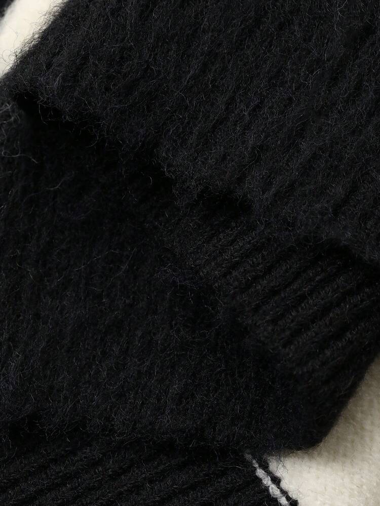 Contrast Stripe Loose Crew Neck Long Sleeve Casual Street Style Knit Sweater For Women, Autumn/Winter