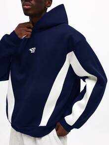 SUMWON 常规款套头连帽衫，侧边拼接撞色设计，抽绳连帽，休闲冬季街头风，简约时尚 - 藏蓝色 - 查看 4