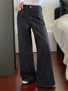 DAZY Women's Regular Waist Striped Loose Straight Leg Jeans, Casual Street Style - Dark Wash - View 4