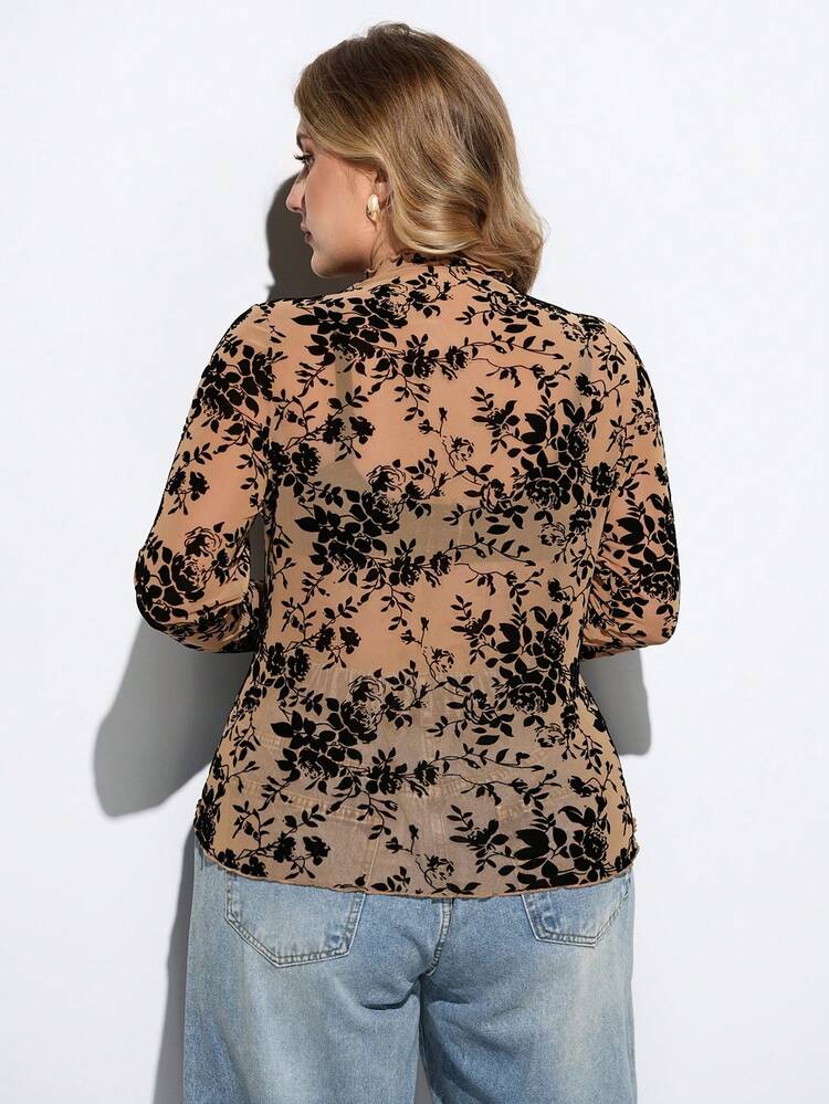 SHEIN Maija Oversized Floral Print Sheer High Neck Mesh Top (No Bra)/Winter