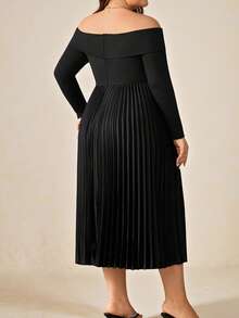 Enliva Plus Size Women's Off-Shoulder Long Sleeve Dress, Pleated Patchwork Dress/Autumn /Winter - Black - View 2