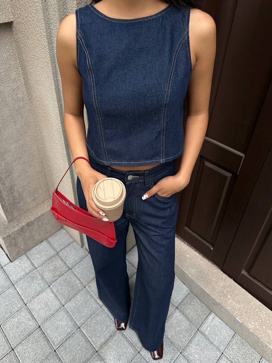 K-Vae 女士秋季休闲通勤背心长裤牛仔套装，韩版秋季女装，秋季女装，返校季服装 - 深色水洗藍 - 查看 1