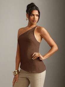 Hauture 性感夏季办公室休闲简约纯色不对称单肩下摆吊带背心 - 棕色 - 查看 5