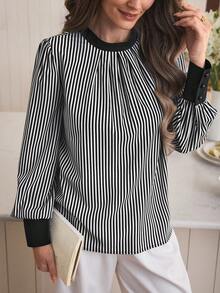 SHEIN LUNE Blusa feminina casual/para o trabalho com estampa listrada em preto e branco e mangas bufantes, estilo solto, para primavera/outono. - Preto e Branco - Ver 4