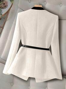 GlowEve CURVE Plus Size Women's Contrast Flap Detail Single-Breasted Blazer Jacket With Belt, Suitable For Work And Commute - Apricot - View 2