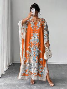Elenzga 加大码蝙蝠袖圆领印花宽松连衣裙，适合度假和聚会 - 橘色 - 查看 3