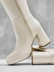 SHUZIA Botas de plataforma con puntera cuadrada, cómodas y glamorosas, de PU con cremallera interior para mujeres - Blanco - Ver 4