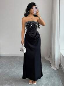 Rafferiza 女士无肩带珍珠装饰连衣裙，缎面面料，褶皱设计，奢华无肩带针织拼接连衣裙，时尚优雅，适合日常穿着、婚礼、宴会、通勤、毕业派对、节日活动、度假等场合。撞色设计，天鹅绒面料 - 黑色 - 查看 8