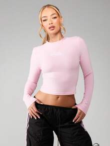 Missguided x Playboy Crop top de cuello redondo de manga larga con detalle de logo bordado para uso casual diario en otoño e invierno - Rosa - Ver 5