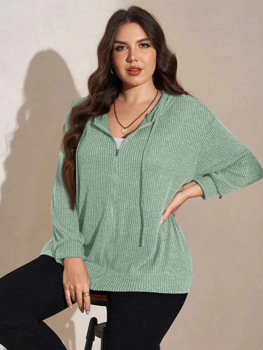 SHEIN LUNE 大码纯色简约休闲长袖卫衣 - 綠色 - 查看 1