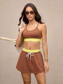 Activina Gonna-pantaloncini sportivi da tennis o golf con vita con coulisse e colori a contrasto - Castano - Visualizzare 2