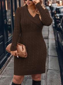 EMERY ROSE Plus Size Women Solid Color Knitted V-Neck Button Fitted Bodycon Commuter Elegant Formal Pullover Sweater Dress, Autumn/Winter - Coffee Brown - View 4