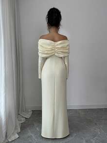 Elenzga Abito elegante da donna con spalle scoperte, maniche lunghe con volant, decorato con strass, modello aderente e svasato, adatto per feste e appuntamenti serali, colore giallo - Giallo chiaro - Visualizzare 2