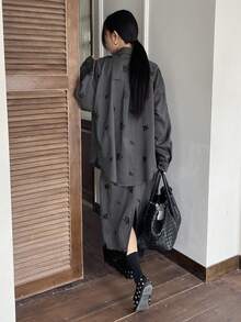 DAZY Women's Butterfly & Flower Embroidered Collar Loose Long Sleeve Shirt And Lace Patchwork Long Skirt Casual 2-Piece Set - Grey - View 5