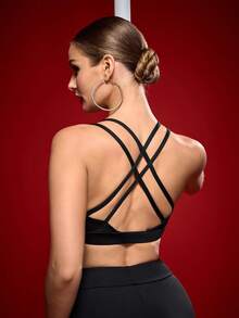 Menodora SHEIN Sport 女士纯色简约日常运动文胸 - 黑色 - 查看 2