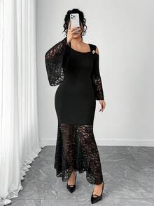 Elenzga Plus Size Women Asymmetric Collar Contrast Lace Flare Sleeve Fishtail Hem Elegant Dress - Black - View 6