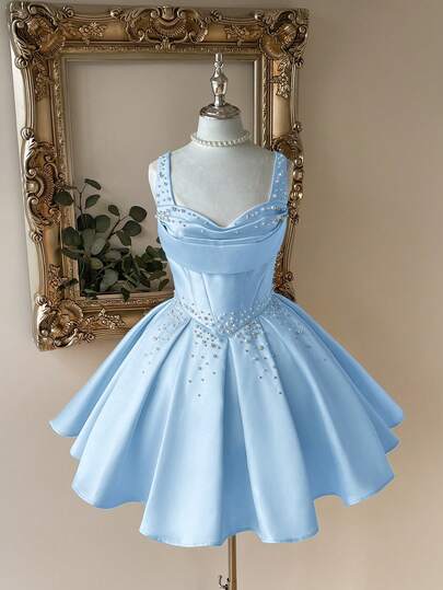 Lovelzi Elegante, lujoso, noble, vestido de silueta de sirena con hombros descubiertos, escote corazón sin tirantes, decoración de perlas falsas, bajo acampanado, apropiado para despedida de soltera, boda, graduación, vacaciones, fiesta de novia, estilo palaciego de satén blanco