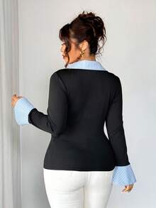 Elenzga Damen elegantes Kontrast-Streifenoberteil mit Kragen und Gummizug - Schwarz - Übersicht 2