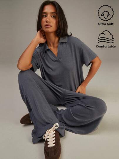 Athîral 女士深灰色简约长裤，适合日常休闲穿着，舒适柔软的针织面料，宽松的H字版型，休闲女装，新年必备