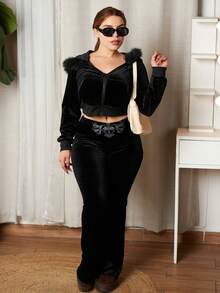 Lupita Cardoza Bộ quần ống loe cạp trễ và áo hoodie nhung ngắn Y2K Gyaru Baddie dành cho nữ - màu đen - Xem 6