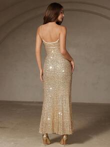 Revavyn Sequin Slip Dress, Minimalist & Elegant Design, Suitable For Evening Gala, Party - Gold - View 2