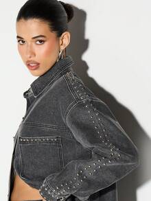 KIZN Áo sơ mi denim đính đinh tán cỡ lớn, chi tiết lỗ kim loại, tay dài, cài nút phía trước, cổ bẻ, phong cách đường phố sành điệu mùa thu đông - màu đen - Xem 3