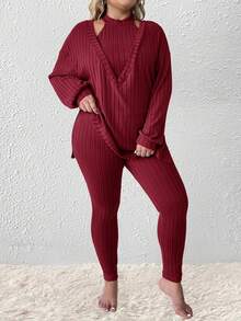SHEIN LUNE Conjunto de camiseta de manga larga acanalada de punto y leggings, talla grande - Rojo - Ver 1