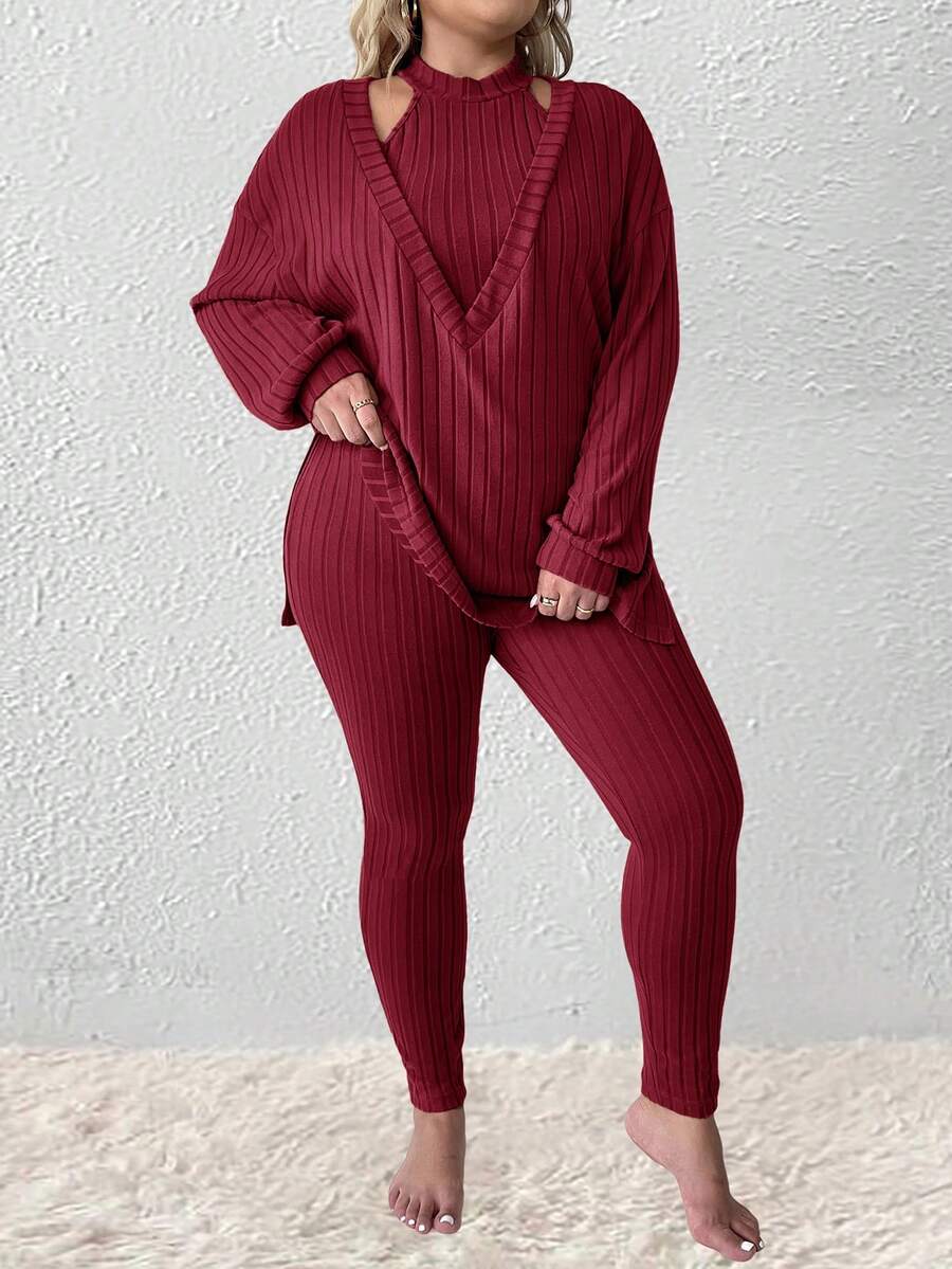 SHEIN LUNE Conjunto de camiseta de manga larga acanalada de punto y leggings, talla grande - Rojo - Ver 1