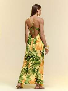 CAJUNI Women's Tropical Plant Print Ruffle Fashionable Spaghetti Strap Dress, Suitable For Vacation - Yellow - View 2