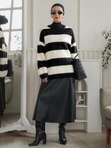 DAZY كنزة صوفية كاجوال بأكمام طويلة وياقة طاقم فضفاضة بتصميم شريطي متباين، لموسم الخريف/الشتاء للنساء