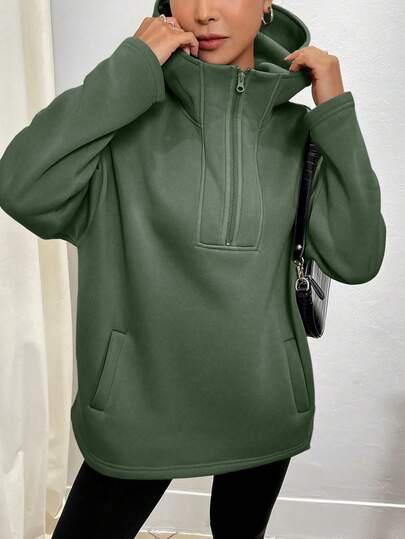 EMERY ROSE Women's Solid Color Hooded Half-Zip Casual Sweatshirt