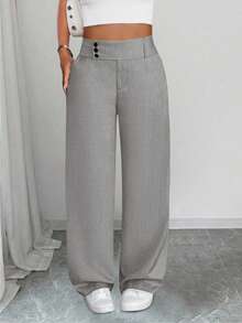 SHEIN PETITE CURVE 大码女士休闲商务纯色阔腿裤 - 淺灰色 - 查看 5