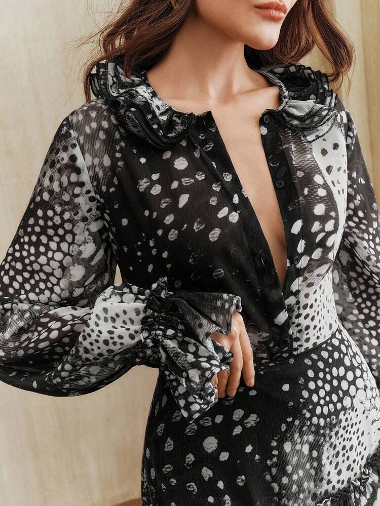 High Quality New Fashionable Women's Blouse With Leopard Print And Ruffle Design, Elegant And Sexy