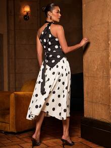 L'Amorae 女士波点拼接中长连衣裙，配颈巾细节，适合婚礼宾客穿着 - 黑與白 - 查看 2