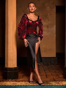 L'Amorae Damen Herzausschnitt romantische Bluse mit Spitzendetails - Rot und Schwarz - Übersicht 3