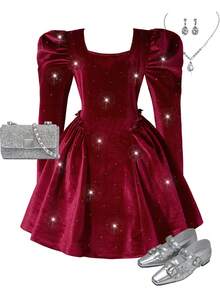 Sparklyn Robe de vin exquise pour fille de fée et enfants, décolleté carré avec perles, design de manches bouffantes, dynamique et rétro, étincelante et exquise, forme évasée qui serre la taille dégageant un tempérament super !