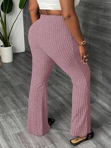 Slaydiva Plus Size Elastic Waist Casual Slim Fit Flare Pants, Ribbed, Suitable For Autumn & Summer - Pink - View 2
