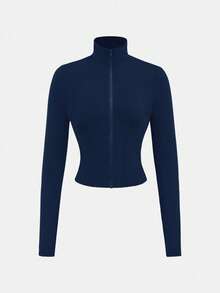 Girlism 3 件套青少年女孩休闲基本款日常瑜伽海军蓝针织吊带背心、夹克和高腰紧身裤套装 - 藏蓝色 - 查看 3