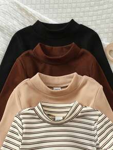 SHEIN 4 buc/set nou-născut bebeluș băiat/fată casual drăguț tricotat cu dungi și culoare solidă, body cu mânecă lungă, ținută de bază din 4 piese, haine unisex pentru bebeluși, haine de iarnă pentru bebeluși la modă