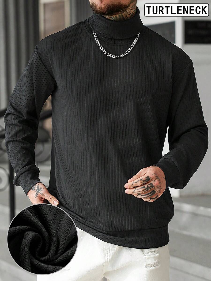 Manfinity Homme Men's Long Sleeve Turtleneck Striped Slim Fit Pullover Sweatshirt Men Knit Tops - Black - View 1