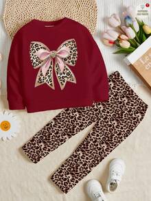 两件套少女休闲可爱复古豹纹蝴蝶结图案圆领长袖卫衣和打底裤套装，适合秋冬季穿着 - 彩色 - 查看 2