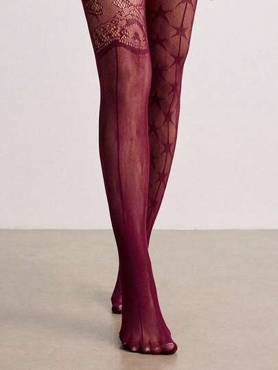 Grunge Punk زوج من جوارب الشبكة المفرغة بتصميم نجمة أمريكية عتيقة وزهري غير متماثل، بنطلون جوارب بتصميم فريد باللون البرغندي، جوارب شفافة رفيعة وقابلة للمط