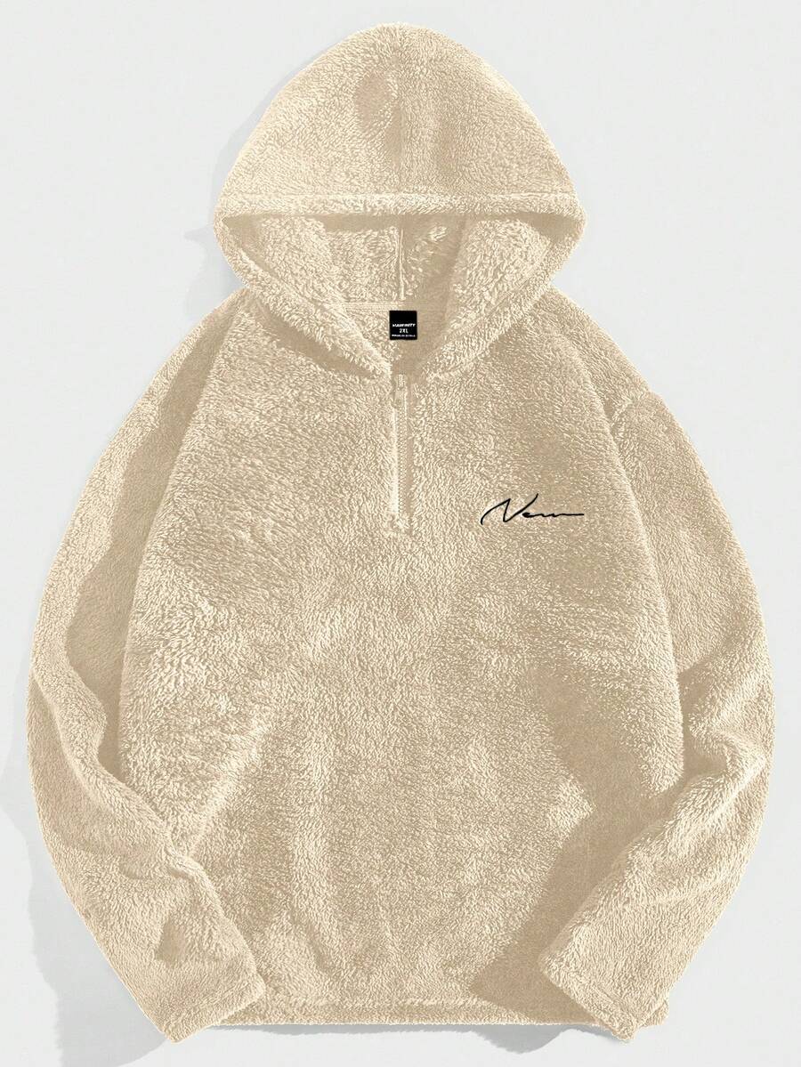 EASEVO 男士抓绒字母刺绣连帽半拉链长袖套头衫 - 杏色 - 查看 1