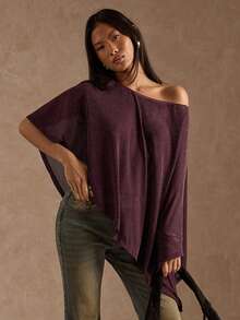 SHEIN BAE Women's Solid Purple Simple Sheer Shimmering Asymmetrical Neck Top / 2026 Fashion Top / Club Top / Maroon Top / Sheer Top / Purple Shawl/Going Out Tops For Women/Asymmetrical Shoulder Top/Party Top For Women/Night Out/New Year's For Women/Glitter Top - Maroon - View 5