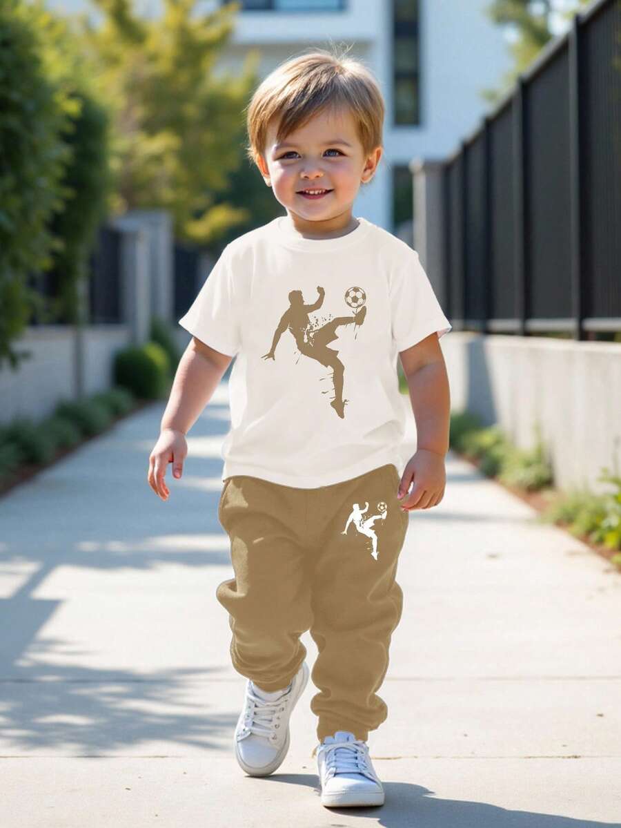 2件套男童休闲可爱卡通字母和足球剪影印花圆领短袖上衣和裤子，秋季新品 - 彩色 - 查看 1