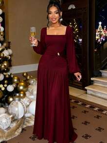 Rafferiza 女士时尚 25+ 方领优雅收腰连衣裙，配有奢华金属扣装饰，网眼拼接提花面料，长灯笼袖，适合日常穿着、约会、聚会，法式优雅新款深酒红色 - 酒紅色 - 查看 4