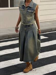 Muchica Women's Casual Washed Denim Vest & Pleated Denim Skirt Set - Light Wash - View 3