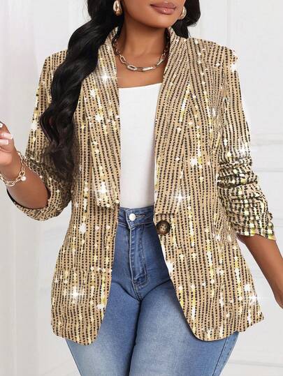 SHEIN Lady 大码时尚亮片印花轻薄西装外套 情人节