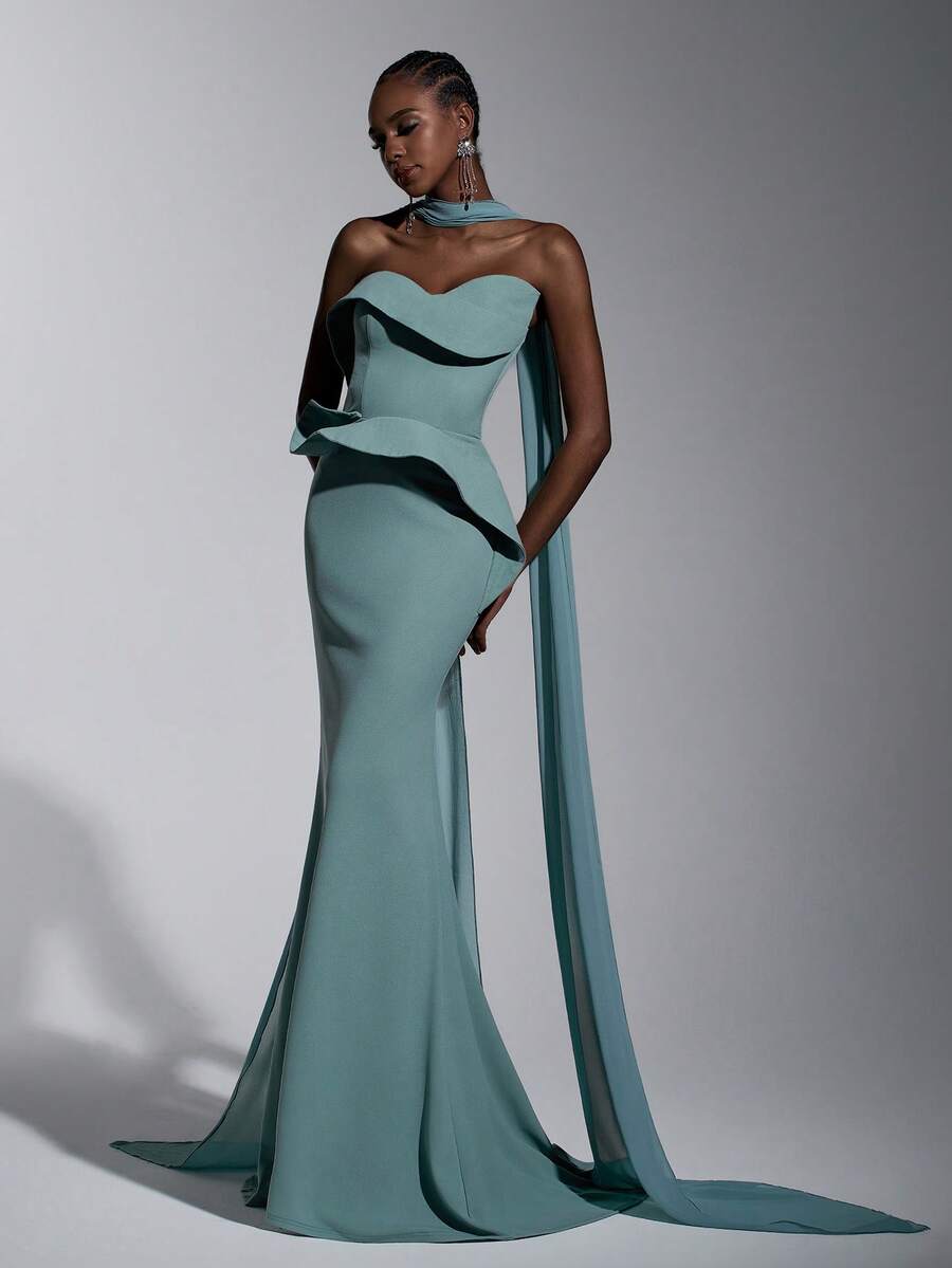 Elitara 优雅浪漫时尚的灰绿色弹力面料连衣裙，饰有3D立体装饰，露背设计，鱼尾裙摆，拖尾，长款正式派对礼服，婚礼宾客礼服，绿色连衣裙，正式晚礼服