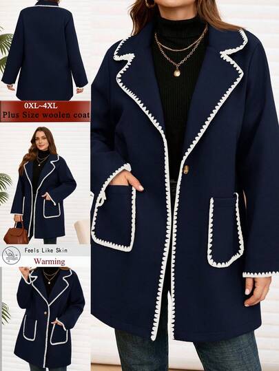 EMERY ROSE Plus Size Women's Fall Casual Elegant Long Sleeve Pockets Solid Color  Navy Blue Contrast Embroidered  Lace White Edge Warm Overcoat,Autumn/Winter,Going Out Outfits,2025 New Clothes,Fall Clothes For Women,Coats For Women,Pring Break Outfits ,Valentine Outfits For Women ,Vacation Outfits Women ,Holiday Outfits For Women,Going Out Outfits,2026 New Clothes,Simple And Fashionable For Everyday Wear,Casual Elegant Valentine's Day Party Everyday, Early Spring/Valentine's Day,Jacket Coats